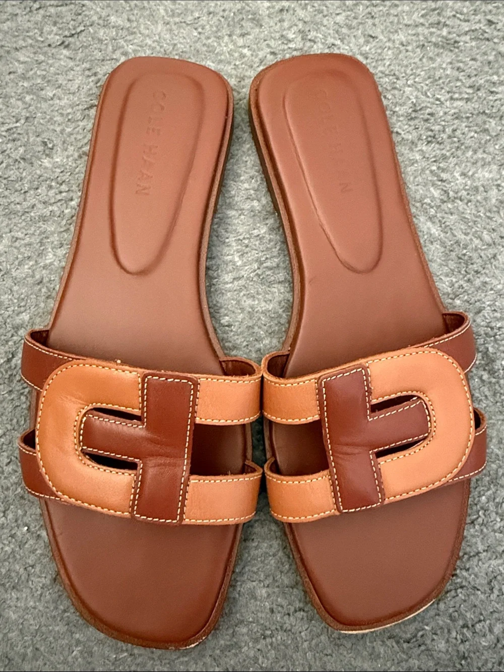 Cole Haan Two-Tone Tan and Brown Leather Slide Sandals